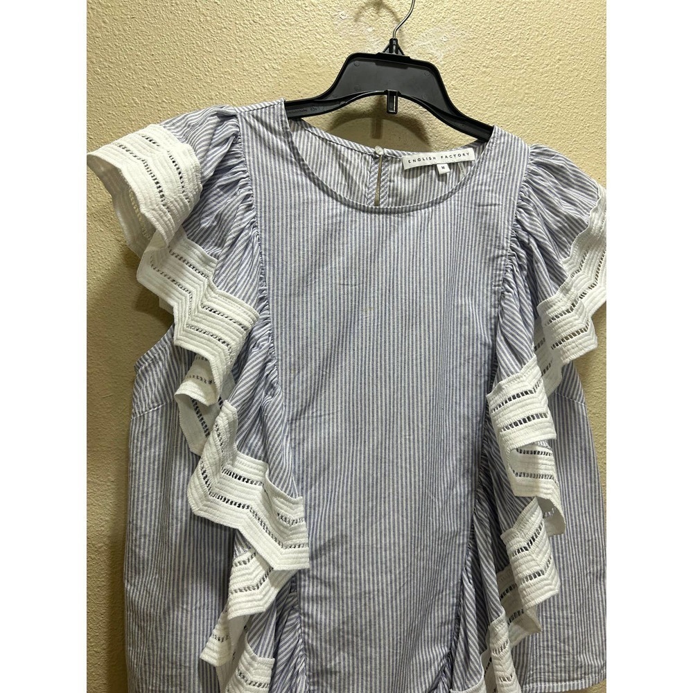ENGLISH FACTORY Blue White Pinstripe Shirt M Ruffle Cap Top Boho Indie Festival - Picture 5 of 9